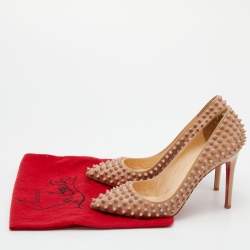 Pre Owned Christian Louboutin Beige Patent Leather Pigalle Spikes Pumps Size 38.5