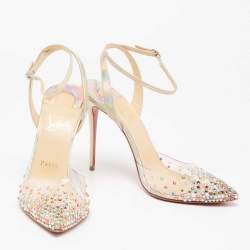 Pre Owned Christian Louboutin Multicolor Iridescent Leather and PVC Spikaqueen Ankle-Strap Pumps Size 38.5