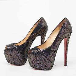 Pre Owned Christian Louboutin Multicolor Glitter Fabric Drapesse Spotlight Peep-Toe Pumps Size 37