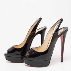 Pre Owned Christian Louboutin Black Patent Leather Lady Peep Toe Platform Pumps Size 38.5 