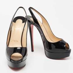 Pre Owned Christian Louboutin Black Patent Leather Lady Peep Toe Platform Pumps Size 38.5 