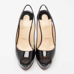 Pre Owned Christian Louboutin Black Patent Leather Lady Peep Toe Platform Pumps Size 38.5 