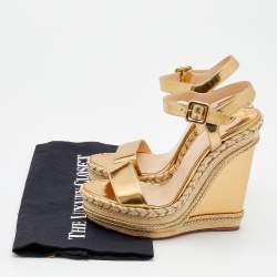 Christian Louboutin Metallic Gold Leather New Duplice Ankle Strap Wedge Platform Sandals Size 37