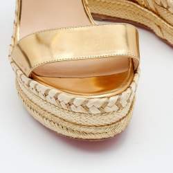 Christian Louboutin Metallic Gold Leather New Duplice Ankle Strap Wedge Platform Sandals Size 37
