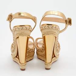 Christian Louboutin Metallic Gold Leather New Duplice Ankle Strap Wedge Platform Sandals Size 37