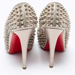 Pre Owned Christian Louboutin Grey Patent Leather Lady Peep Toe Spikes Platform Pumps Size 34