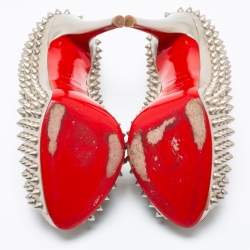 Pre Owned Christian Louboutin Grey Patent Leather Lady Peep Toe Spikes Platform Pumps Size 34