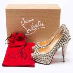Pre Owned Christian Louboutin Grey Patent Leather Lady Peep Toe Spikes Platform Pumps Size 34