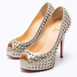 Pre Owned Christian Louboutin Grey Patent Leather Lady Peep Toe Spikes Platform Pumps Size 34