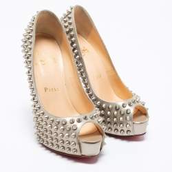 Pre Owned Christian Louboutin Grey Patent Leather Lady Peep Toe Spikes Platform Pumps Size 34