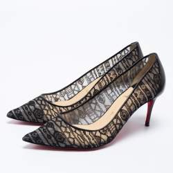 Pre Owned حذاء كعب عالي كريستيان لوبوتان ديورسيما دينتيل جلد ودانتيل أسود مقاس 38.5