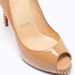 مملوكة مسبقًا Christian Louboutin Beige Patent Leather New Very Prive Studded Peep-Toe Pumps Size 35