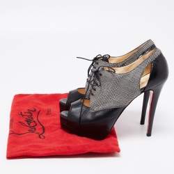 Pre Owned Christian Louboutin Black Leather And Tartan Fabric Platform Oxford Booties Size 38.5