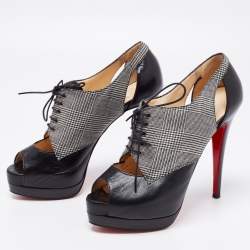 Pre Owned Christian Louboutin Black Leather And Tartan Fabric Platform Oxford Booties Size 38.5