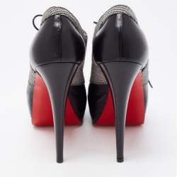 Pre Owned Christian Louboutin Black Leather And Tartan Fabric Platform Oxford Booties Size 38.5