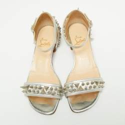 Pre Owned Christian Louboutin Silver Leather Studded Druide Ankle-Strap Sandals Size 35.5