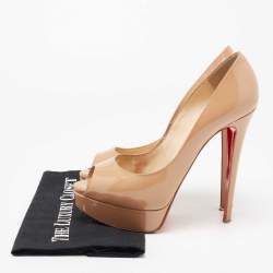 Christian Louboutin Beige Patent Leather Lady Peep Toe Platform Pumps Size 39.5