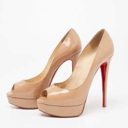 Christian Louboutin Beige Patent Leather Lady Peep Toe Platform Pumps Size 39.5