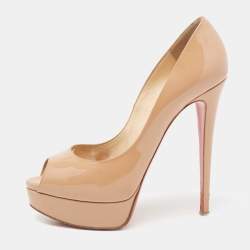 Christian Louboutin Beige Patent Leather Lady Peep Toe Platform Pumps Size 39.5