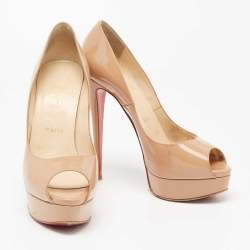 Christian Louboutin Beige Patent Leather Lady Peep Toe Platform Pumps Size 39.5