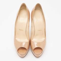 Christian Louboutin Beige Patent Leather Lady Peep Toe Platform Pumps Size 39.5