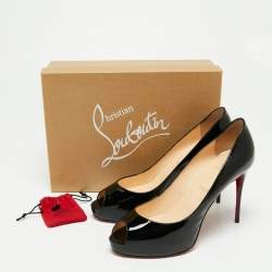 Pre Owned حذاء كعب عالي كريستيان لوبوتان نيو فيري بريف جلد أسود لامع مقدمة مفتوحة مقاس 40