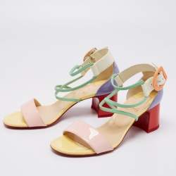 Christian Louboutin Multicolor Patent Leather Choca Block Heel Ankle Strap Sandals Size 37