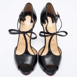 Pre Owned Christian Louboutin Black Leather T-Strap Peep Toe Sandals Size 40