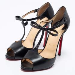 Pre Owned Christian Louboutin Black Leather T-Strap Peep Toe Sandals Size 40