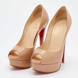 Pre Owned Christian Louboutin Beige Patent Leather Lady Peep Toe Platform Pumps Size 35