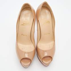Pre Owned Christian Louboutin Beige Patent Leather Lady Peep Toe Platform Pumps Size 35