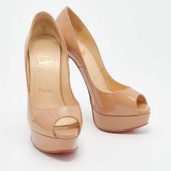 Pre Owned Christian Louboutin Beige Patent Leather Lady Peep Toe Platform Pumps Size 35