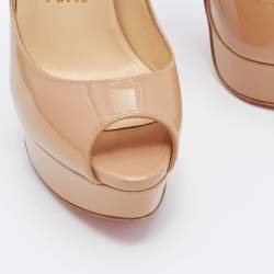 Pre Owned Christian Louboutin Beige Patent Leather Lady Peep Toe Platform Pumps Size 35