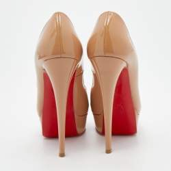 Pre Owned Christian Louboutin Beige Patent Leather Lady Peep Toe Platform Pumps Size 35