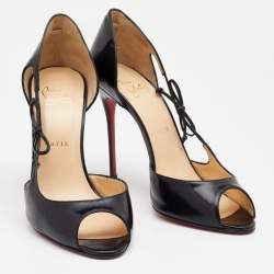 Pre Owned Christian Louboutin Black Leather Bow Detail Peep Toe Pumps Size 39