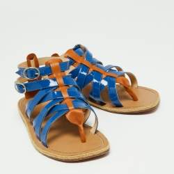 Pre Owned Christian Louboutin Blue/Brown Patent Leather Caged Espadrille Flat Sandals Size 40