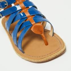 Pre Owned Christian Louboutin Blue/Brown Patent Leather Caged Espadrille Flat Sandals Size 40