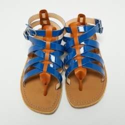 Pre Owned Christian Louboutin Blue/Brown Patent Leather Caged Espadrille Flat Sandals Size 40