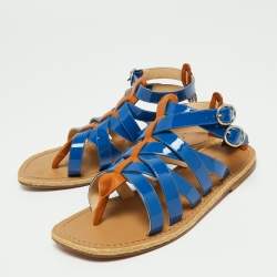 Pre Owned Christian Louboutin Blue/Brown Patent Leather Caged Espadrille Flat Sandals Size 40