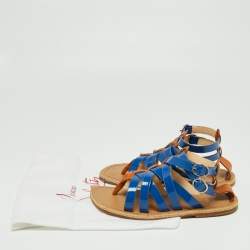 Pre Owned Christian Louboutin Blue/Brown Patent Leather Caged Espadrille Flat Sandals Size 40