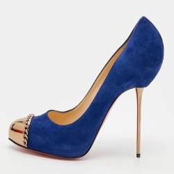 Pre Owned Christian Louboutin Blue Suede Metallip Chain Detail Metal Cap Toe Pumps Size 41