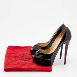 Pre Owned Christian Louboutin Black Patent Leather Lady Peep Toe Platform Pumps Size 38.5