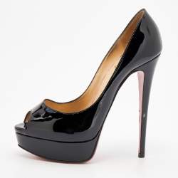 Pre Owned Christian Louboutin Black Patent Leather Lady Peep Toe Platform Pumps Size 38.5