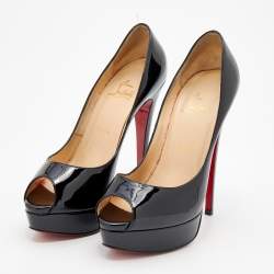 Pre Owned Christian Louboutin Black Patent Leather Lady Peep Toe Platform Pumps Size 38.5