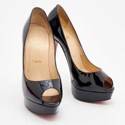Pre Owned Christian Louboutin Black Patent Leather Lady Peep Toe Platform Pumps Size 38.5