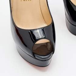 Pre Owned Christian Louboutin Black Patent Leather Lady Peep Toe Platform Pumps Size 38.5