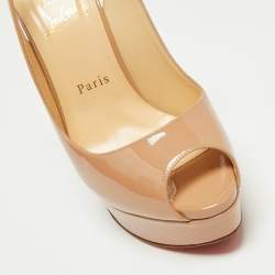 Christian Louboutin Beige Patent Leather Lady Peep Slingback Platform Sandals Size 40