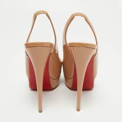 Christian Louboutin Beige Patent Leather Lady Peep Slingback Platform Sandals Size 40