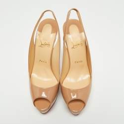 Christian Louboutin Beige Patent Leather Lady Peep Slingback Platform Sandals Size 40