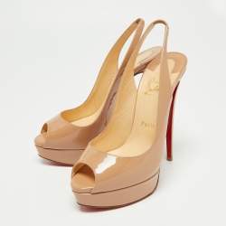 Christian Louboutin Beige Patent Leather Lady Peep Slingback Platform Sandals Size 40